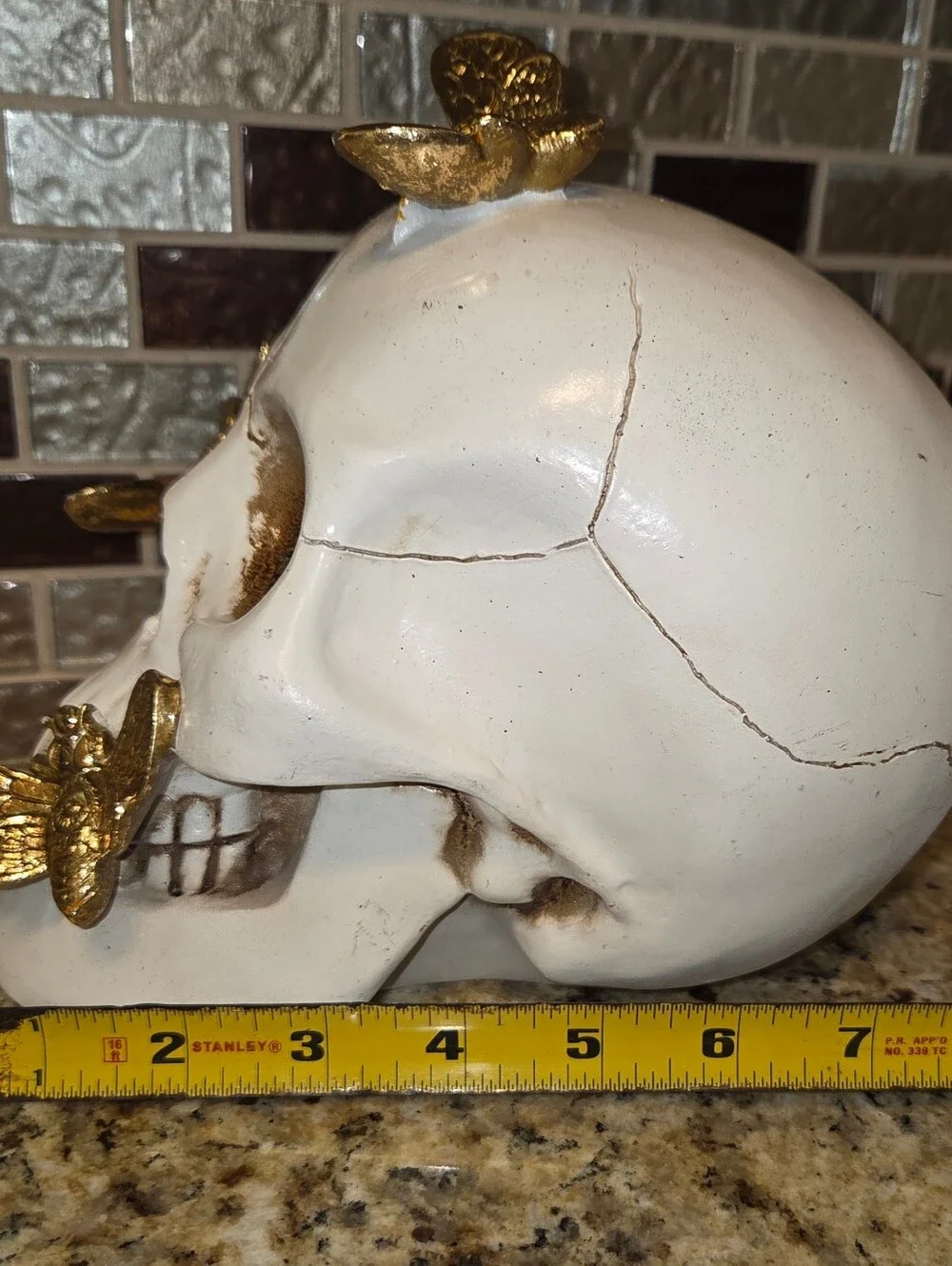 Decorative Resin Halloween Spooky White Skull with Gold Butterflies/moths